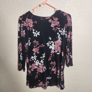J. Jill Tunic Top Women's Small Black Floral Pleated Back Stretch 3/4 Sleeve